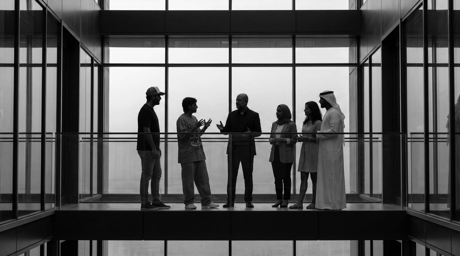 The Qiwam team in conversation, in silhouette against a glass wall