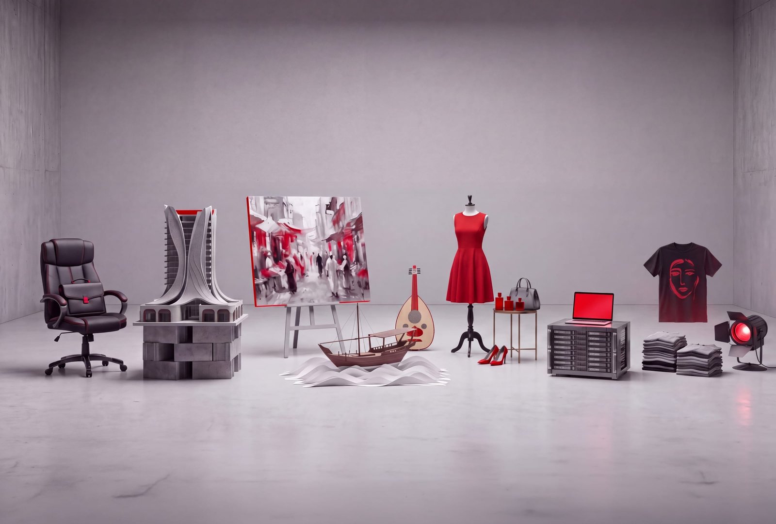 A studio of objects — a chair, a building model, a dhow, a dress, an oud, a laptop, a folded tee — each in Qiwam red