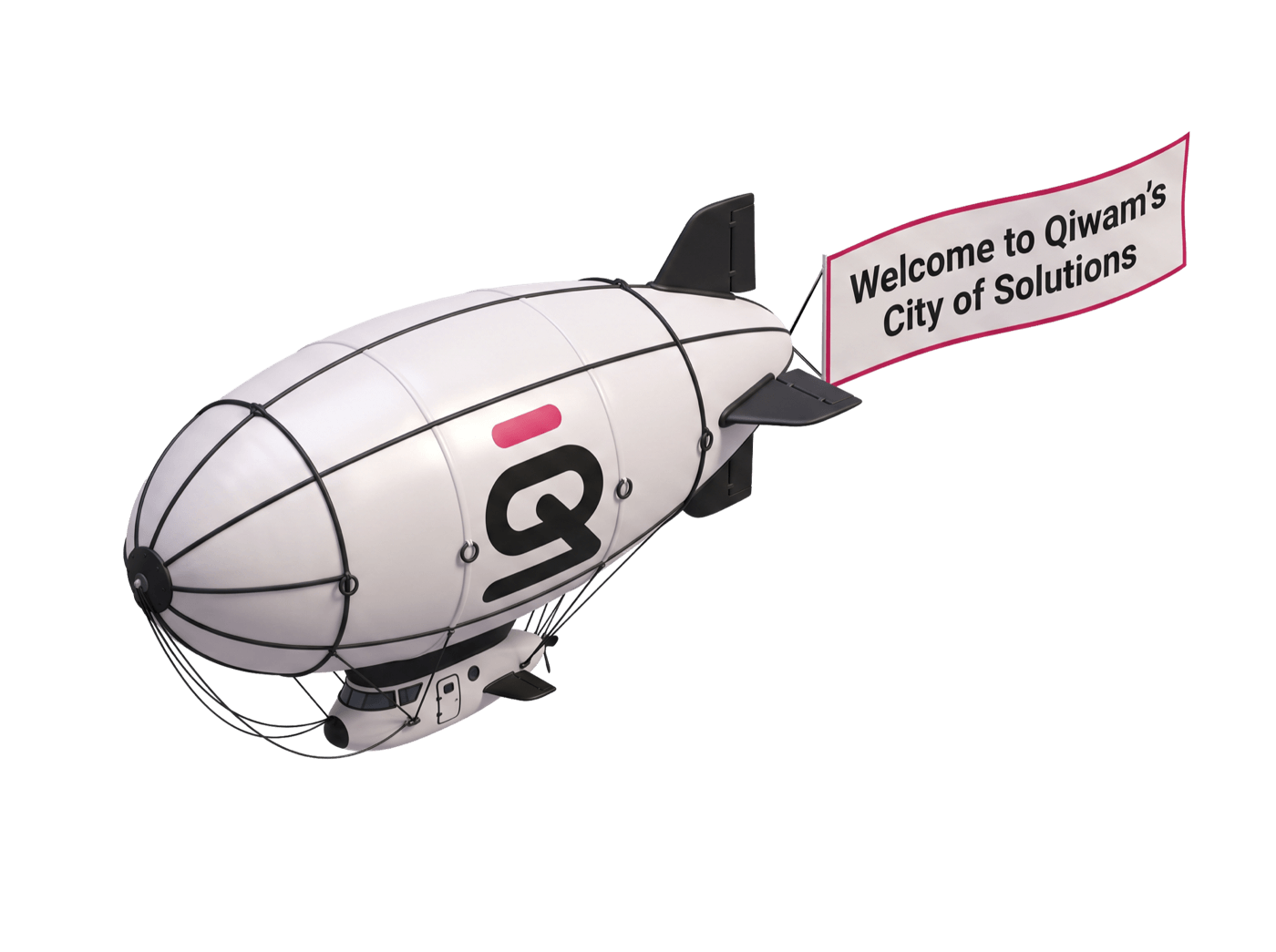 A Qiwam blimp trailing a banner: Welcome to Qiwam's City of Solutions